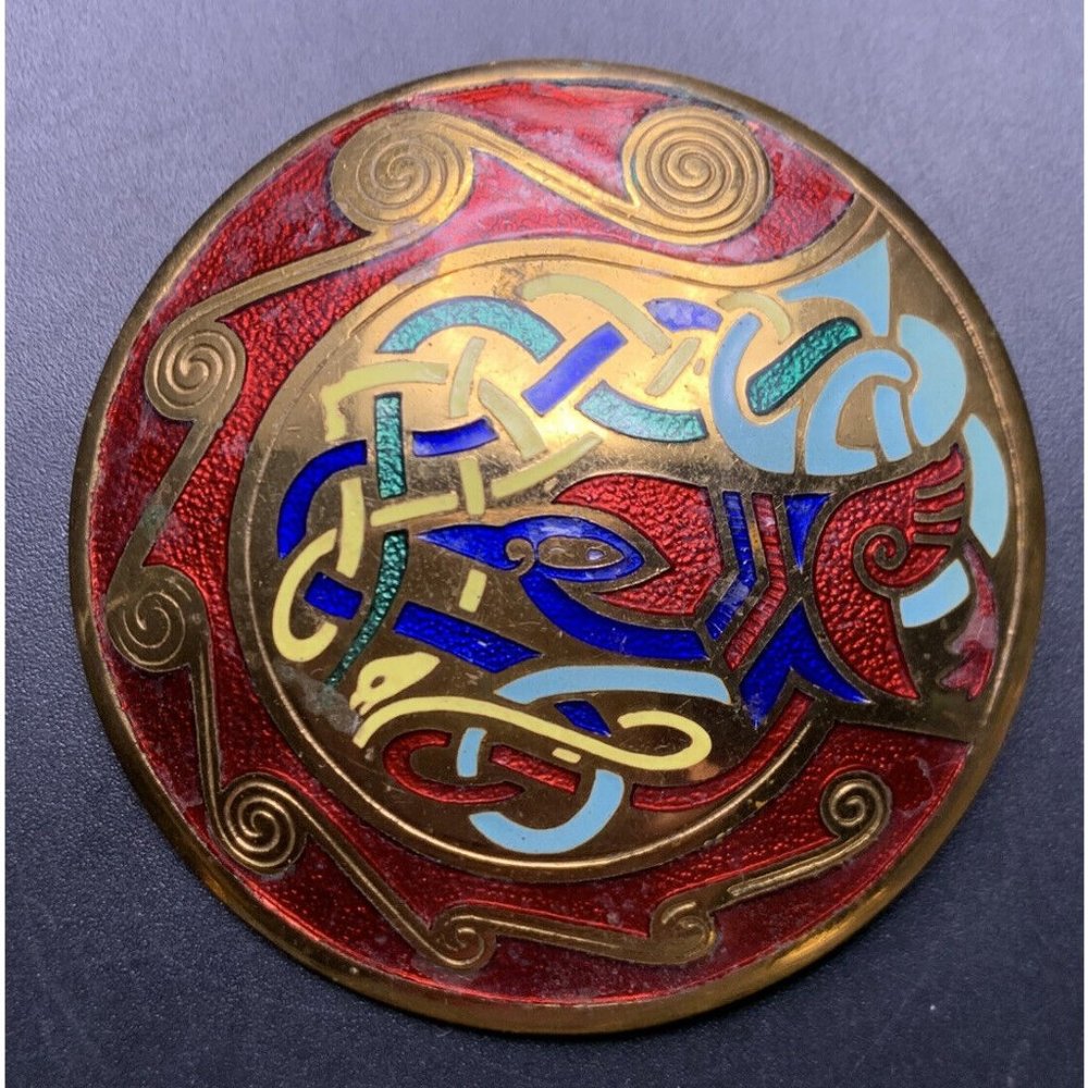 Large Celtic Knot Brooch Pin Kells Bird Multicolor Red Gold Tone Enamel Vintage